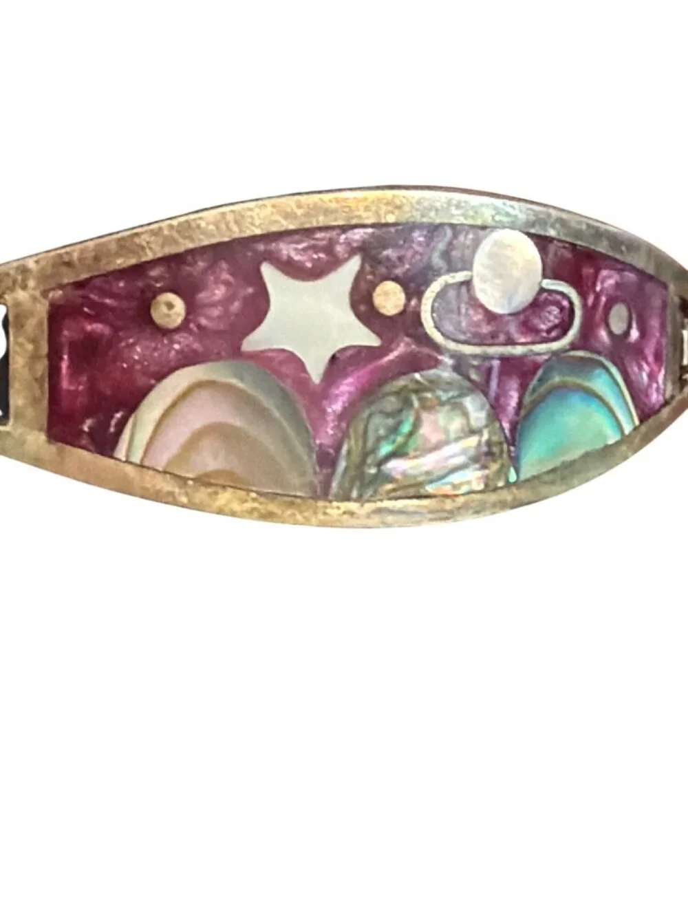 Vintage Alpaca Mexico Hinged Bracelet Abalone Inlay Purple Celestial Moon Stars
